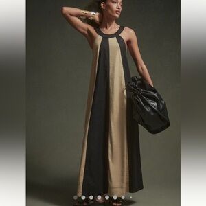 Anthropologie  MAEVE The Ami Halter maxi stripe dress tan black color L 12-14